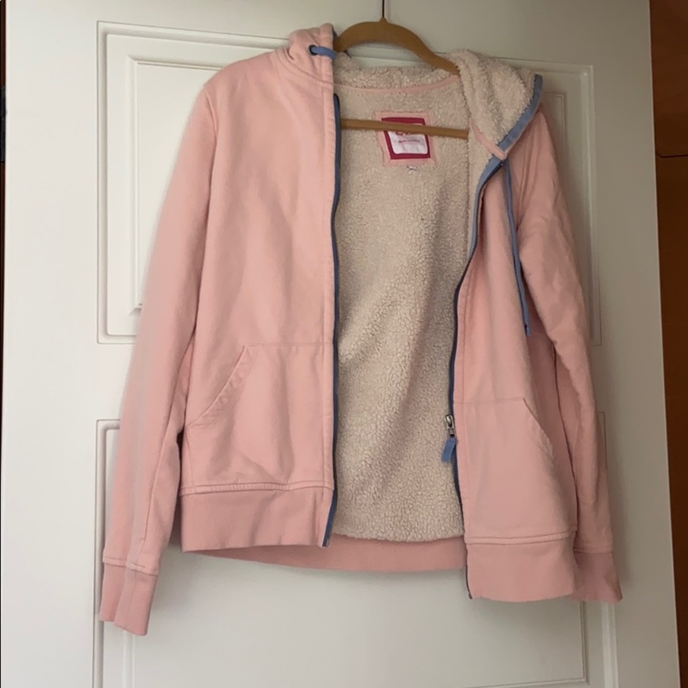 Pink and blue zip up jacket with hoodie